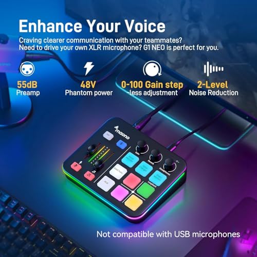 MAONO G1 Neo Gaming Audio Mixer Audio Interface with XLR Input & 48V | RGB, Bluetooth, 4 custom soundpads, live streaming, podcasting, voice effects, PS5, TikTok live, PC streams, gamers, creators