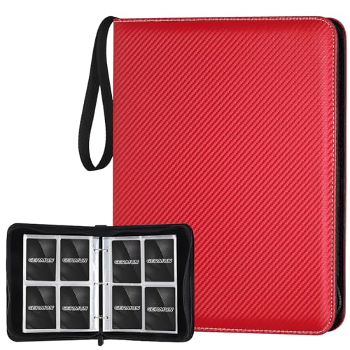 GERMUN 4 Pocket Card Binder, Premium Zip Trading Card Binder, 400 Double Sided Pocket PU Card Collection Binder, Collector Card Album, Card Folder for MTG, TCG, Sports Cards, Game Cards (Red) - color: 4 Pocket 400 Carbon Red