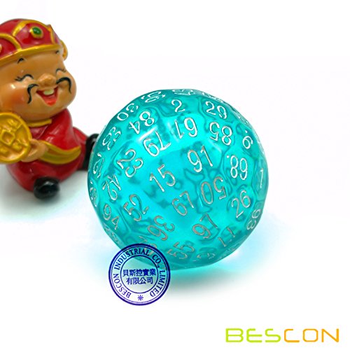 Bescon Translucent Polyhedral Dice 100 Sides Dice, Transparent D100 die, 100 Sided Cube, D100 Game Dice,100-Sided Cube of Teal - color: Translucent Teal D100
