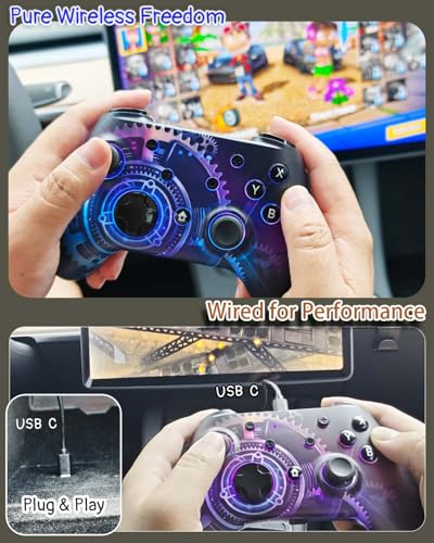 Wzuicov Multi-Platform Game Controller with RGB & Dual-Mode Bluetooth & Wired Connection, Wireless Gamepad for Switch/Switch 2/iOS/Android/PC/TV Box/Tesla, Includes 2 USB-C Cables & Adapter - color: Black&Blue