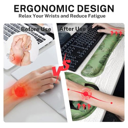 Britimes Sage Olive Green Leaves Keyboard Mouse Pad Set Funny Cute Cat 4in1 Large Mousepad+Keyboard Wrist Rest+Mouse Wrist Rest+Coaster Ergonomic Design for Home Office Computer 35.4x15.7 inches - color: Green Cloud