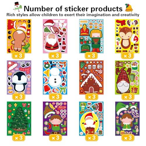 24 Sheets Christmas Make a Face Stickers for Kids Toddlers Xmas Gift Stickers Make Your Own Characters Mix and Match Sticker, Xmas Holiday Sticker Christmas Party Games