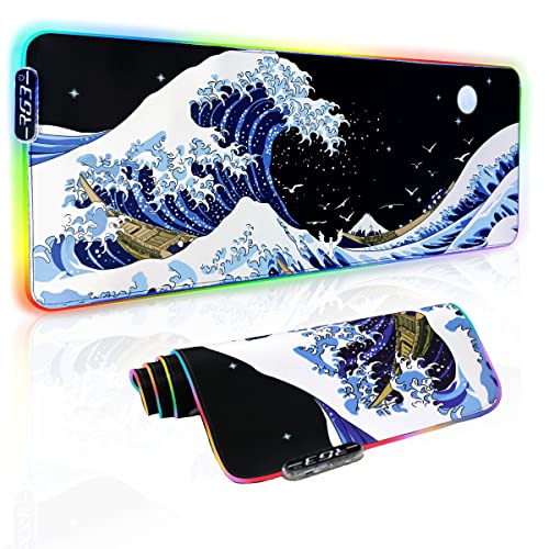 Gaming Laptop Mouse Pad,Sea Wave Big Mice Pads PC Keyboard Waterproof and Non-Slip 31.5 x 11.9 0.12" Thick XL,XXL Rubber Table Mat, RGB Led with 10 Lighting Modes+9 Color Changing Modes Mat - color: Colorful blue, size: 31.5" x 11.9"