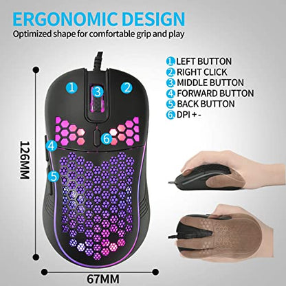Techsea Honeycomb Wired Gaming Mouse with RGB On/Off Switch, 7200 Adjustable DPI, Ergonomic Lightweight Design & High Precision Sensor for PC/Mac Gamers (Black) - color: Black