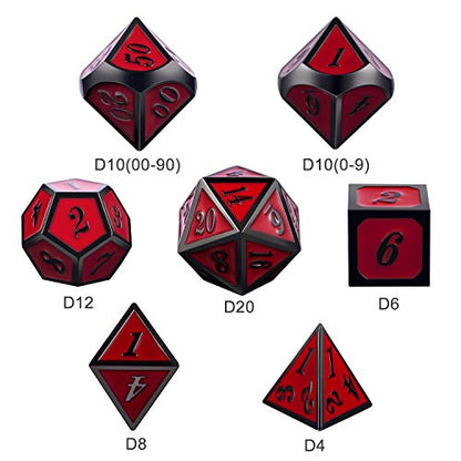 DnDnD Red D&D Game Dice,7 Die Polyhedral Metal Dice with Gift Metal Tin for RPG DND Dungeons and Dragons Dice Collector Board Game Player - color: Black Number Red