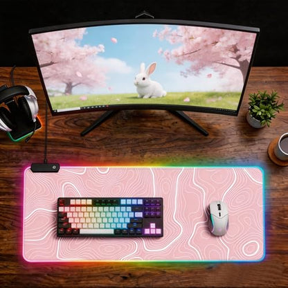Pink RGB Mouse Pad LED Desk Mat Large Gaming Mousepad Pink and White Line Design, Keyboard Pad XL Mouse Mat for Home and Office - color: Pink With White Topographic Line