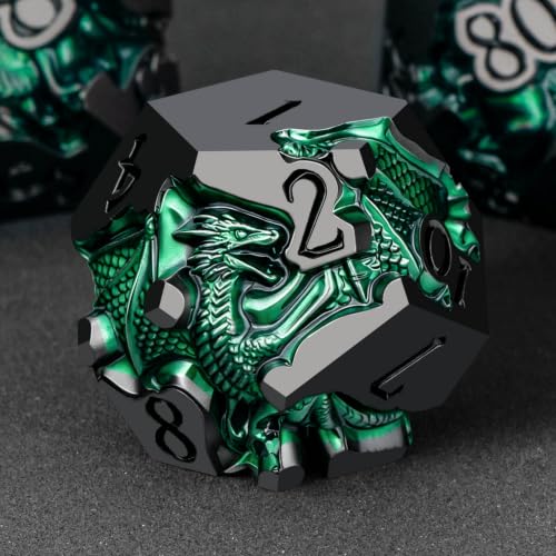 Roycevon Relief Dragon DND Dice Set for Role Playing Game, 7Pcs Metal D&D Dice Set Dungeons Dragons with Gift Box, Polyhedral D and D Dice D20 D12 D10 D8 D6 D4, Green and Black - color: Green and Black