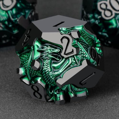 Roycevon Relief Dragon DND Dice Set for Role Playing Game, 7Pcs Metal D&D Dice Set Dungeons Dragons with Gift Box, Polyhedral D and D Dice D20 D12 D10 D8 D6 D4, Green and Black - color: Green and Black