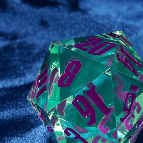 55mm 20 Sided DND Dice, Giant D20 D&D Polyhedral Dice Large D20 with Die Gift Box for Dungeons and Dragons, RPG Table Games (Transparent Green/Purple Numbers) - color: Transparent Green/Purple Numbers