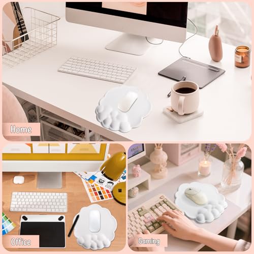 Mouse Pad Wrist Support, Cloud Mousepad with Memory Foam Wrist Rest, Non-Slip PU Base Gaming Leather Surface Mouse Pad for Home Office Laptop, White - color: White
