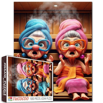Old Woman Having a Sauna Jigsaw Puzzles 1000 Pieces for Adults Grandma Wear Bathrobe and Glasses Challenging Family Activity Games Intellectual Decompressing Fun Family GameEntertainment Toys - color: Old Woman-a17