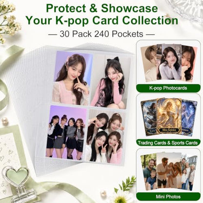 30 Pack 240 Pockets 6 Ring A5 Binder Sleeves,2.5x3.5 Inch Trading Card Sleeves,Double-Sided 4 Pocket Page Protector,Ultra-Clear Kpop Photocard Sheets,Card Sleeve Pages for Game Cards,Photocard - color: 2.5x3.5" - 30 Pack 240 Pockets