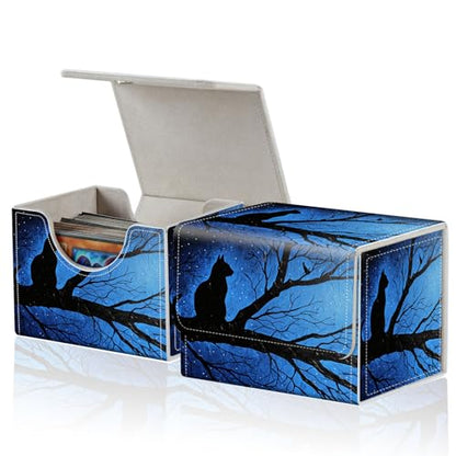 for MTG Commander Deck Box,Card Deck Box for Trading Yugioh MTG,Fits 100 Double Sleeved Cards,PU Leather Strong Magnet Case for Magic Commander TCG CCG,Black Cat Blue - color: Black Cat Blue