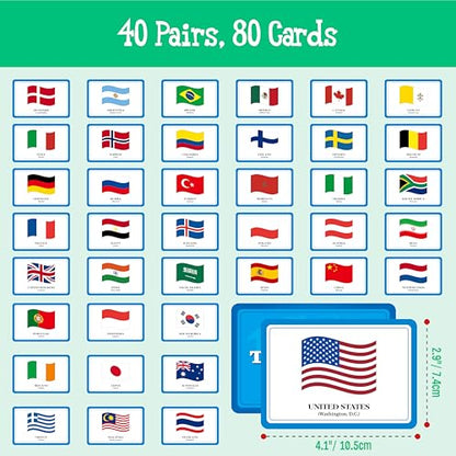 80 PCS Flags of The World Matching Game, A Fun & Fast Countries of The World Picture Memory Match Game, Educational Learning Toys Enhance Memory & Matching Skills for Kids Ages 3 and Up - style: Flags of The World