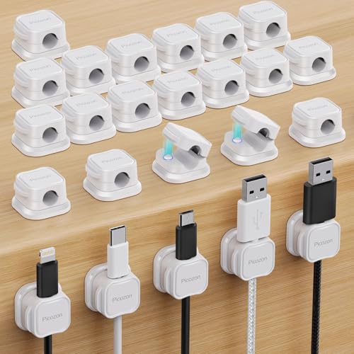 24 Pack Magnetic Cable Clip Organizer Cord Holder, Picozon Adhesive Cable Management, Wire Phone USB Charger Cable Holder, Keeper Organizer for Office Home Desktop Table - White - size: Pack of 24