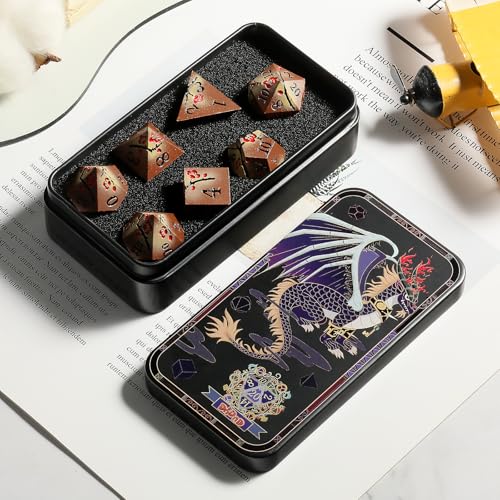 Metal Dice Set DND, DNDND 7 PCS Metallic Flowers D&D Dice with Gorgeous Gift Case for D&D Dungeons and Dragon Tabletop Game (Brown and Cream-Coloured) - color: Flower Brown