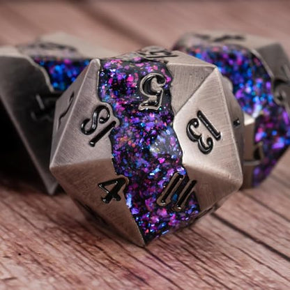 Premium Metal Dice Set for DND, 7PCS Polyhedral RPG Dice with Galaxy Glitter Inlay, Unique Metal Dice for Dungeons and Dragons Players - color: Antique Nickel Violet
