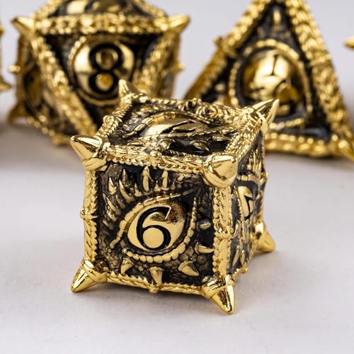 Metal Dice Set D&D Dragon Eye Metal DND Dice Set for Tabletop Games | Leather Storage Bag, DM Gift, for Dungeons and Dragons Role Playing Games - color: Dragon-black Gold