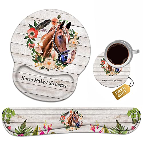 Keyboard Wrist Rest + Mouse Pad Wrist Support Set with Coasters, Non-Slip PU Base Ergonomic Mousepad for Home Office Working Studying Easy Typing & Pain Relief, Horse Theme, Horses Make Life Better - color: Horse Theme, Horses Make Life Better