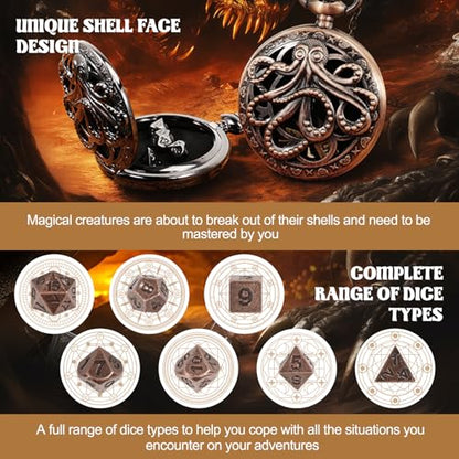 D&D Dice Set,7PCS Metal Dice for Dungeons and Dragons,Mini Dice Set with Pocket Watch Case,Role Playing Board Games Accessories (Octopus, Copper) - color: Copper, style: Octopus