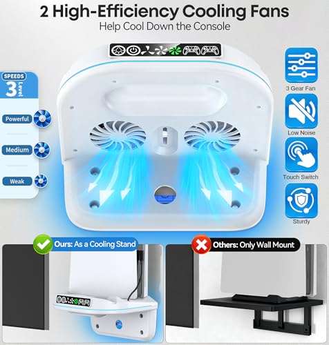 PS 5 Wall Mount Kit with Cooling Fan and Charging Station Compatible with P5/ Slim/ Pro Disc and Digital, PS Five Floating Base Holder Shelf with 9 RGB Lights & 3-Level Fan, P5 Accessories for Gaming