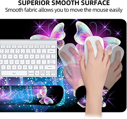 Large Mouse Pad with Wrist Rest, 4-in-1 Wrist Rest for Keyboard and Mouse | Non-Slip Waterproof Desk Mat Set, 35.4"x15.7" Desk Mat+Keyboard Wrist Rest+Mouse Wrist Support+Cup Coaster for Home Office - color: 4Pcs-Butterfly