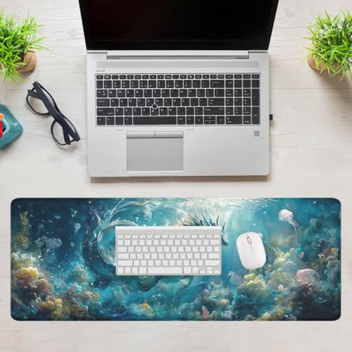 Water Dragon Gaming Mouse Pad Ocean Underwater World Dragon Extended Mousepad Waterproof Stitched Edges Rubber Base Non-Slip Deskpad Computer Keyboard Mat 31.5"x11.8" - color: Water Dragon, size: 31.5L x 31.5W inches