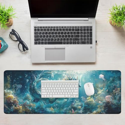 Water Dragon Gaming Mouse Pad Ocean Underwater World Dragon Extended Mousepad Waterproof Stitched Edges Rubber Base Non-Slip Deskpad Computer Keyboard Mat 31.5"x11.8" - color: Water Dragon, size: 31.5L x 31.5W inches