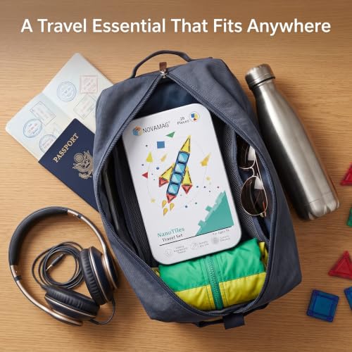 Mini Magnetic Tiles Travel Set – Airplane, Travel Activities for Toddlers & Kids Ages 4-8 - Car, Road Trip, Plane Toys & Essentials, STEM Building Blocks with Tin Case - 28 Pieces