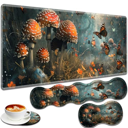 Large Gaming Mouse Pad + Keyboard Wrist Rest + Wrist Support + Coaster Set, Memory Foam Ergonomic for Easy Typing, XXL Extended Gaming Mouse Pad Table Pad - Mushroom Forest Butterfly - color: Mushroom Forest Butterfly