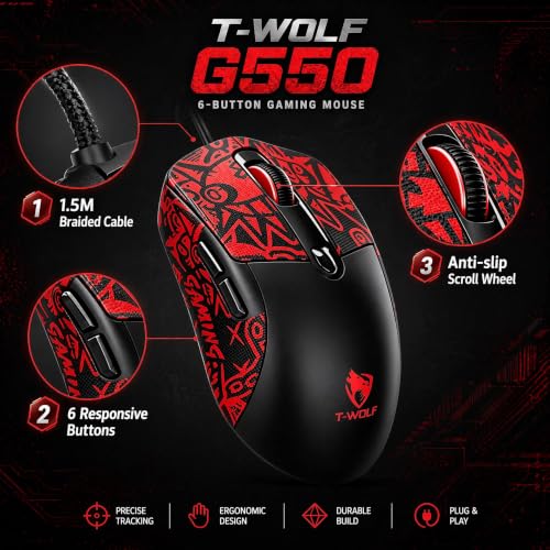 Wired Gaming Mouse, 7200 Adjustable DPI, 6 programmable Buttons, 3 Million-Click lifespan, 1.5-Meter Braided Cable, red Non-Slip Grip pad—for PC Gaming and Office use