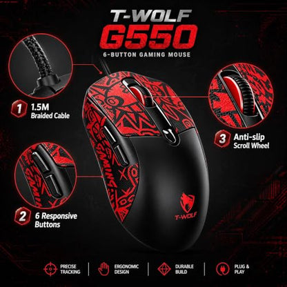 Wired Gaming Mouse, 7200 Adjustable DPI, 6 programmable Buttons, 3 Million-Click lifespan, 1.5-Meter Braided Cable, red Non-Slip Grip pad—for PC Gaming and Office use