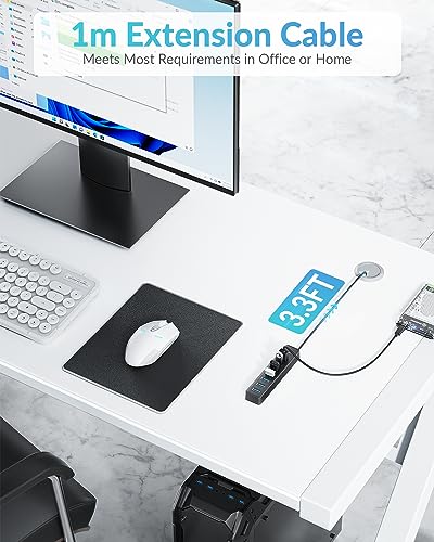 PHIXERO 7 Port USB Hub, 3.3FT/1M Long Cable USB 3.0 Hub Multi USB Port Hub Adapter Extension USB Splitter USB Hub for PC, Compatible with All USB 3.0/2.0/1.1 Device - size: 1m Cable