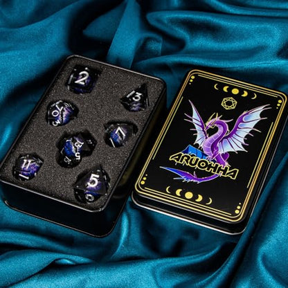 ARUOHHA DND Resin Dice Dragon Eye Dice Liquid Core Purple Sharp Edged Dice Set with Gift Box, Dungeons Polyhedral D and D Dice Set Compatible with D&D Role Playing Game D20 D12 D10 D8 D6 - color: Ly02-purple Black
