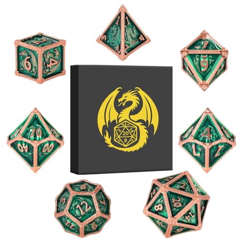 Metal Dice Set, Fly Dragon Pattern, 7pcs Polyhedral Metal DND Dice Set, DND Starter Set, D&D Gifts with Gift Box, Role Playing Board Games Accessories, Green ﻿ - color: Green