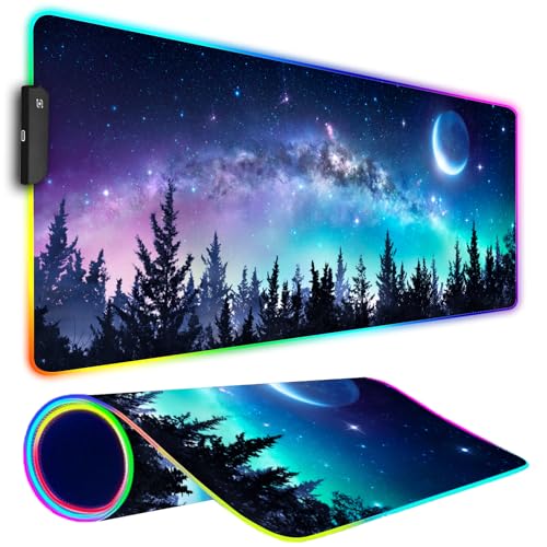 RGB Gaming Mouse Pad, Large Mousepad with Led Light, Gaming Accessories Keyboard Pad for Desk, Non-Slip Rubber Base Big Mouse Mat for Gamer, 31.5 X 11.8 Inch, Moon Starry Sky - color: 04 Moon Starry Sky