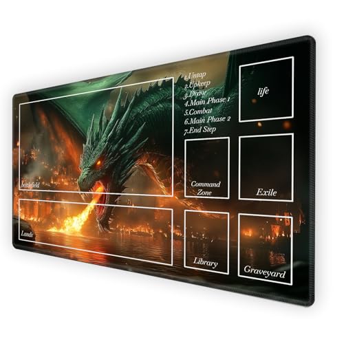 Card Playmat with Free Storage Bag MTG Playmat with Zones | 24x14 Smooth Surface TCG Board Game Mat for Cards | Stitched Edges, Non-Slip Rubber Base - Dragon Burns Castle - color: Dragon Burns Castle, size: 14W*24L With Zones