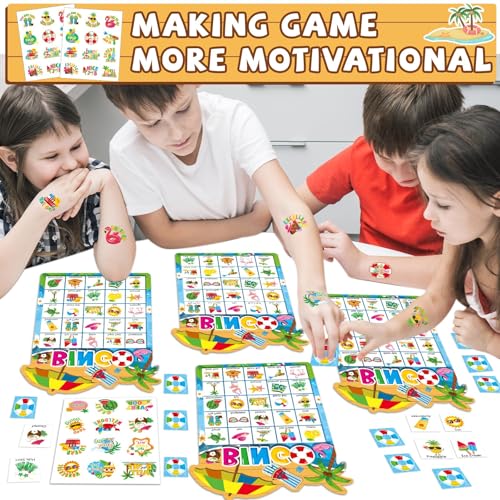 39Pcs Pool Party Bingo Game for Adults Kids 24 Players Summer Party Bingo Game Cards with Reward Stickers for Family Friend Student Large Group Activities Hawaiian Tropical Beach Parties Supply Favors - style: Pool Party