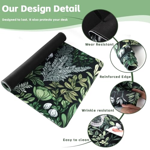 Baziabbo Green Desk Mat,XXL Extended Big Mouse Pad,Gaming Mousepad with Stitched Edge,Non-Slip Rubber Base Keyboard Desk Pad for Home Office Study Game - color: Ferns Flowers