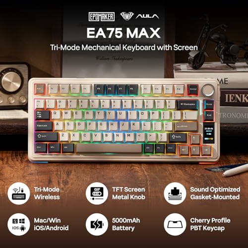 EPOMAKER X Aula EA75 MAX Wireless Gaming Keyboard with Screen & Knob | 5000mAh, Hot-Swap, Lubed Switches, RGB Backlit, Creamy Gasket, 75% Mechanical Keyboard (Retro White, Silent Cotton Candy) - color: Retro White, size: Silent Cotton Candy Switch