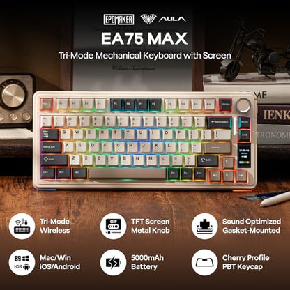 EPOMAKER X Aula EA75 MAX Wireless Gaming Keyboard with Screen & Knob | 5000mAh, Hot-Swap, Lubed Switches, RGB Backlit, Creamy Gasket, 75% Mechanical Keyboard (Retro White, Silent Cotton Candy) - color: Retro White, size: Silent Cotton Candy Switch