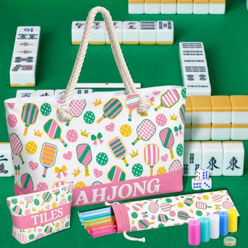 Ceenna American Mahjong Set Complete 160 Pcs Tile/Pushers/Carrying Bag/dice/Chips, 1.2 Inch Green Back Melamine Mahjong Tiles, Hand Carved Pattern for Adult Mah Jong, Beginners (Simple) - style: Minimalist