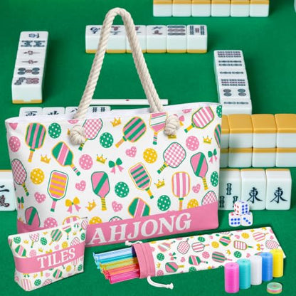 Ceenna American Mahjong Set Complete 160 Pcs Tile/Pushers/Carrying Bag/dice/Chips, 1.2 Inch Green Back Melamine Mahjong Tiles, Hand Carved Pattern for Adult Mah Jong, Beginners (Simple) - style: Minimalist