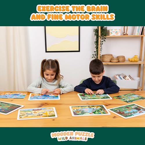 BONNYCO Wooden Puzzles for Kids Ages 4-6 and 3-5. Set of 6 Jigsaw Puzzles 24 Pieces with Board, Animals from Diverse Ecosystems. Educational Toys, Learning Gifts for Boys, Girls