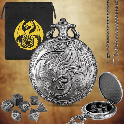 Mini DND Dice Set, Steampunk Winged Dragon Pocket Watch Shell Case, 7-Piece Polyhedral Metal D&D Dice, DND Gift Bag with Dragon Logo, Role Play Board Game Accessories, Dark Silver - color: Dark Silver