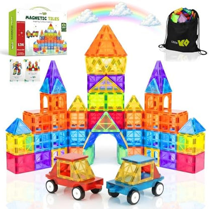 Magnet Tiles for Kids 136 PCS with 2 Cars Bases, STEM Magnetic Tiles for Toddlers, Educational Learning Toys for Ages 3-12, Magnetic Building Tiles for Preschool, Creative Play Set for Kids - style: 136 Pieces
