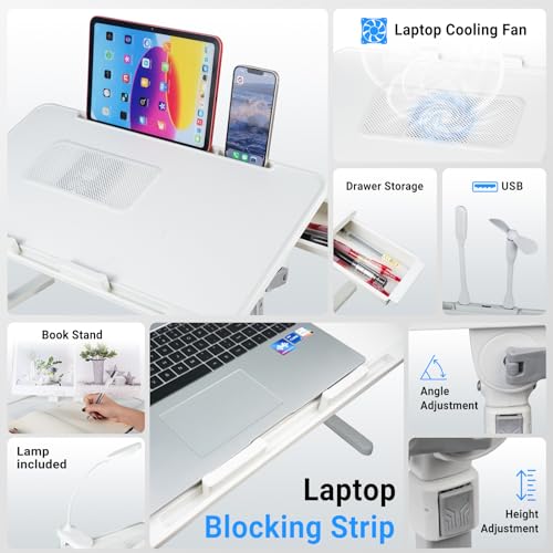Adjustable Laptop Lap Desk with Cooling Fan USB Light for Adults 60x40cm,White - color: White,60*40cm