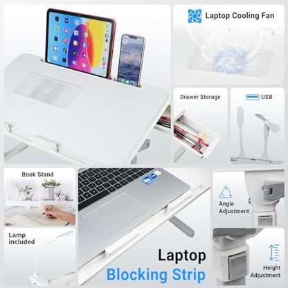 Adjustable Laptop Lap Desk with Cooling Fan USB Light for Adults 60x40cm,White - color: White,60*40cm