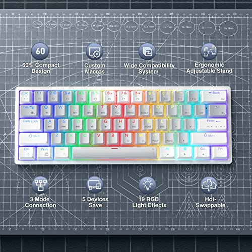 SK961 60% Wireless Gaming Keyboard with Triple Mode BT5.0/2.4GHz/USB-C Wired,RGB Backlight 61 Keys Wireless 60% Keyboard Hot Swappable Mechanical Keyboard,Red Switch - color: SK961-greywhite-redswitch