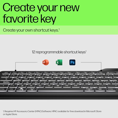 HP 400 Backlit Wired Keyboard (Ash Wired) - Warm White LED Illuminated Keys w/ 3 Brightness Levels - Slim & Portable Design - 12 Programmable Keys - Spill-Resistant, Sanitizable